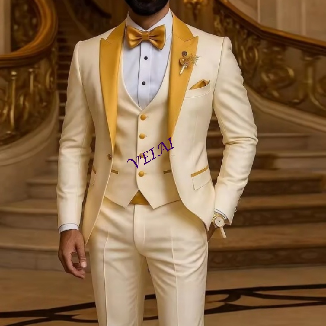 Men'S Formal Attire - Aangepaste Gouden Kraag Ivoor Mannen Pak