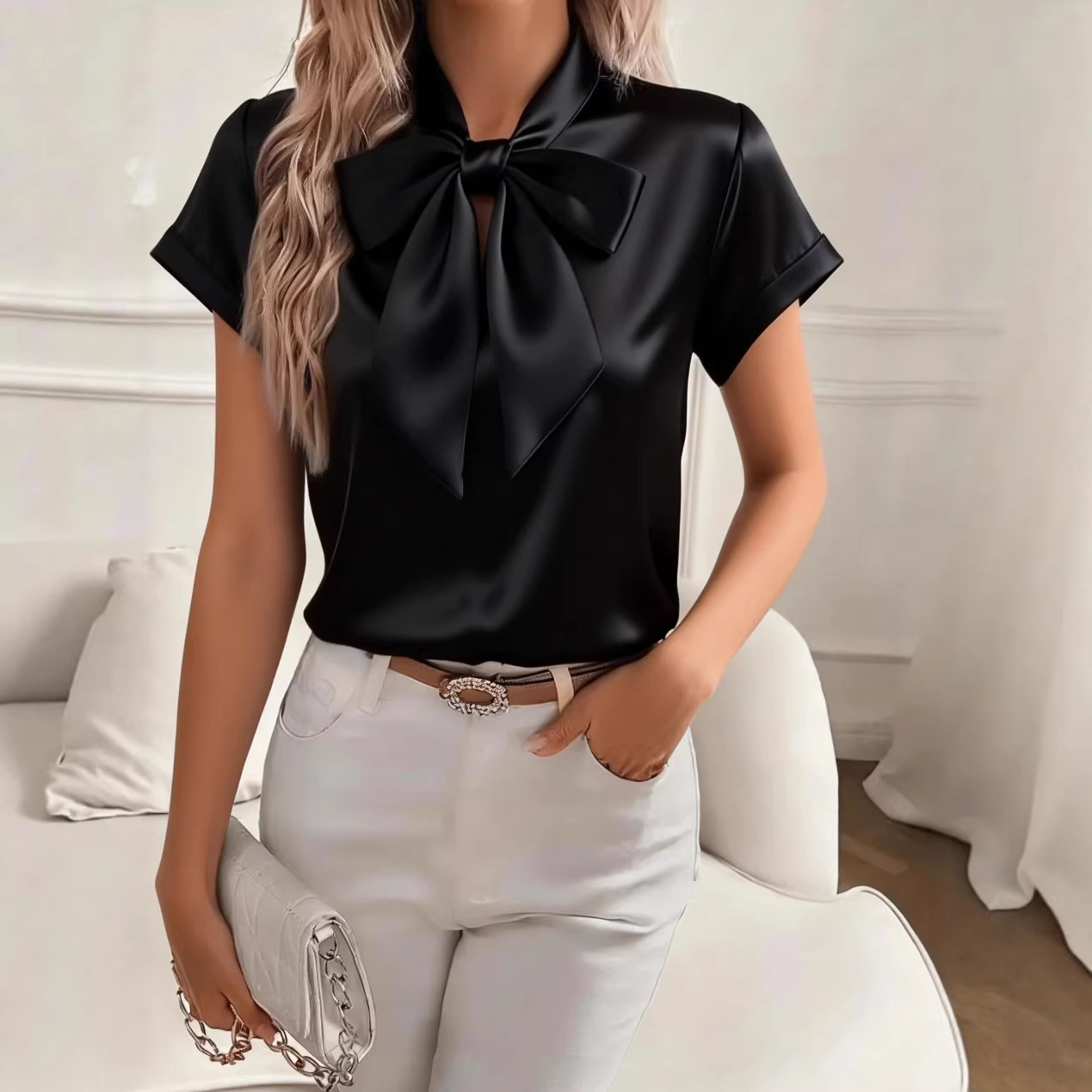 Dames satijnen blouse met stri - Satin Bow Tie recensie en prijs